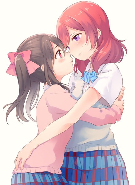 Anime picture 731x1000 with love live! school idol project sunrise (studio) love live! nishikino maki yazawa nico ame usako long hair tall image blush short hair simple background smile red eyes brown hair white background twintails purple eyes multiple girls red hair head tilt