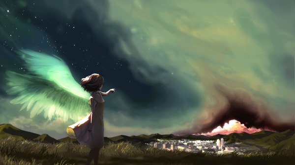 Anime picture 1366x768 with akio-bako (artist) akio brown hair wide image sky cloud (clouds) wind from behind city angel wings scenic girl dress plant (plants) wings star (stars) grass