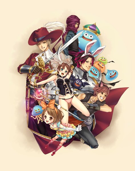 Anime picture 1714x2171 with dragon quest tagme (character) momoi komomo tall image blush highres short hair blue eyes light erotic simple background smile brown hair multiple girls brown eyes multicolored hair multiple boys girl boy underwear panties