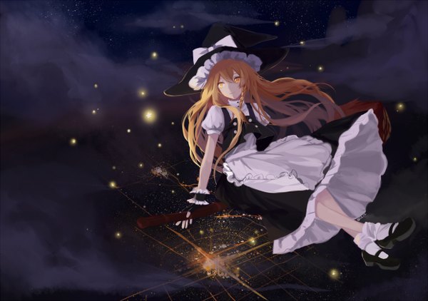 Anime picture 1240x874 with touhou kirisame marisa perri single long hair fringe blonde hair hair between eyes sitting yellow eyes looking away cloud (clouds) braid (braids) from above night city looking down side braid cityscape witch