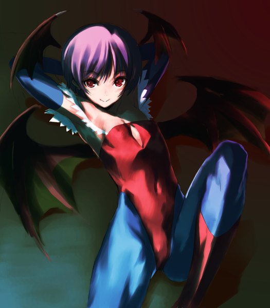 Anime picture 1050x1200 with vampire / darkstalkers (game) lilith aensland kawata hisashi tall image short hair light erotic simple background smile red eyes pink hair armpit (armpits) flat chest demon girl arms behind head head wings girl