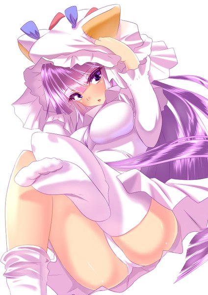 Anime picture 1100x1555 with touhou patchouli knowledge bra-cky single long hair tall image blush light erotic simple background white background purple eyes animal ears purple hair :o legs fake animal ears girl thighhighs underwear panties