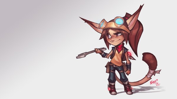 Anime picture 1920x1080 with league of legends original rinidinger (league of legends) knockwurst single long hair highres simple background smile brown hair wide image animal ears ponytail tail animal tail pink eyes grey background girl shoes goggles