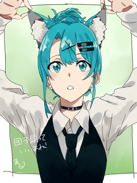 Anime picture 1944x2592 with original eir (machi) machi (wm) single tall image blush fringe highres short hair open mouth simple background hair between eyes holding animal ears upper body long sleeves aqua eyes aqua hair arms up hair bun (hair buns)