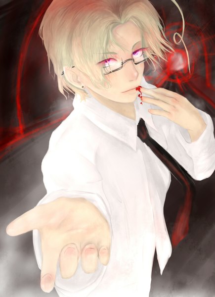 Anime picture 1512x2084 with axis powers hetalia studio deen canada (hetalia) dashanobody single tall image short hair blonde hair pink eyes outstretched arm boy earrings glasses necktie blood