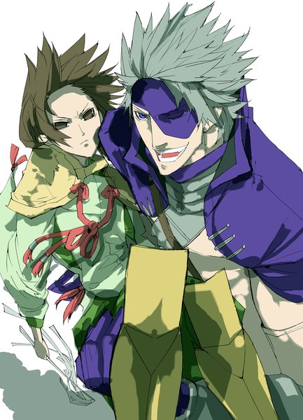 Anime picture 2398x3321 with sengoku basara production i.g motochika chousokabe motonari mouri hika (artist) tall image highres short hair open mouth blue eyes brown hair brown eyes grey hair hug grin clothes on shoulders boy gloves ribbon (ribbons) belt