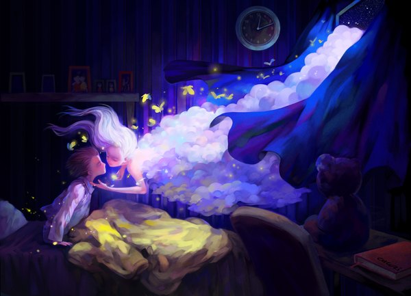 Anime picture 1300x939 with original cucuzi long hair short hair brown hair sitting signed cloud (clouds) white hair eyes closed night couple girl boy book (books) insect bed butterfly curtains toy