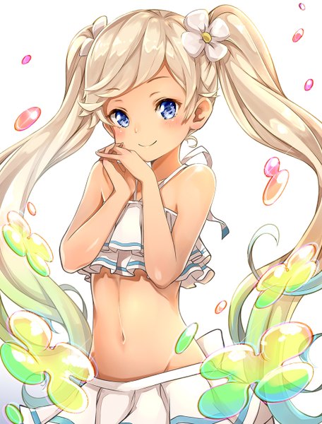 Anime picture 1000x1314 with granblue fantasy io euclase pilokey single long hair tall image looking at viewer blush blue eyes simple background smile standing white background twintails bare shoulders pleated skirt multicolored hair hair flower green hair bare belly