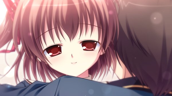 Anime picture 1280x720 with root double toba mashiro short hair red eyes brown hair wide image game cg hug tears girl boy