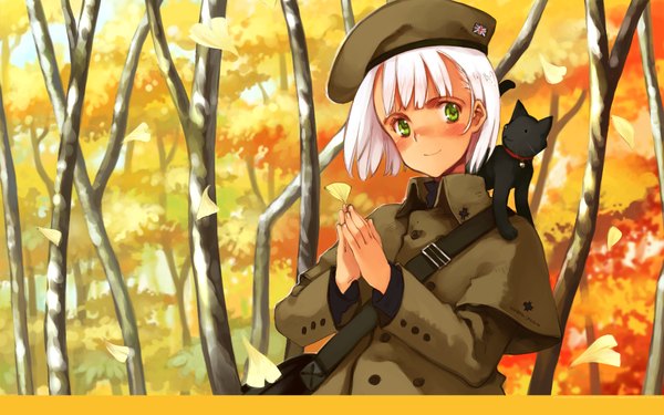 Anime picture 1920x1200 with rondo leaflet littlewitch lita oyari ashito single blush highres short hair smile wide image green eyes upper body outdoors white hair autumn animal on shoulder girl plant (plants) animal tree (trees)