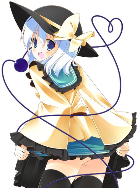 Anime picture 2000x2720 with touhou komeiji koishi zefa (neoaltemice) tall image highres short hair open mouth blue eyes absurdres white hair looking back girl thighhighs bow black thighhighs hat