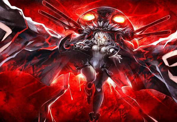 Anime picture 1143x787 with kantai collection wo-class aircraft carrier hatena2013 single long hair looking at viewer red eyes grey hair teeth covered navel glowing glowing eye (eyes) pale skin shinkaisei-kan girl gloves black gloves cape bodysuit staff