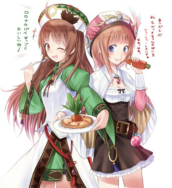 Anime picture 940x1026 with atelier (series) atelier rorona gust (company) rororina fryxell viorate platane suzushiro yukari long hair tall image blush open mouth blue eyes brown hair multiple girls brown eyes one eye closed wink eating girl dress 2 girls