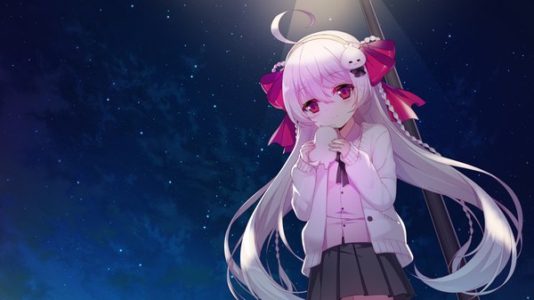 Anime picture 3600x2025 with niliu chahui tokisaki mio single long hair blush fringe highres wide image absurdres silver hair ahoge braid (braids) pleated skirt pink eyes light smile night night sky twin braids light girl