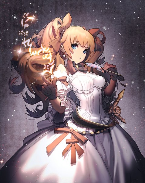 Anime picture 637x800 with original kkuem single long hair tall image looking at viewer blue eyes blonde hair standing twintails sparkle floral print shiny girl dress gloves flower (flowers) ribbon (ribbons) weapon hair ribbon