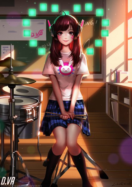 Anime picture 848x1200 with overwatch blizzard entertainment d.va (overwatch) liang xing single long hair tall image looking at viewer smile brown hair sitting holding brown eyes signed ahoge pleated skirt sunlight realistic inscription alternate costume