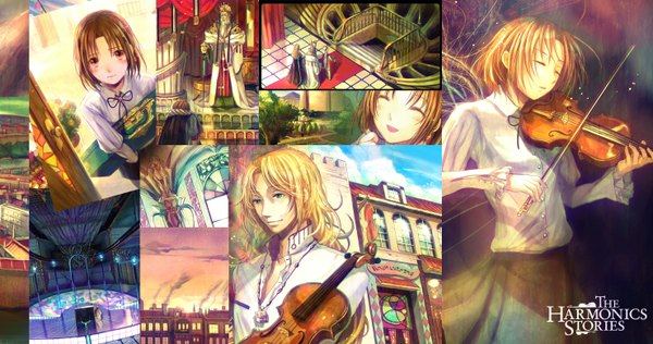 Anime picture 1477x778 with original fuzichoco blue eyes blonde hair smile brown hair wide image multiple girls brown eyes eyes closed inscription smoke multiview girl boy skirt building (buildings) musical instrument stairs violin