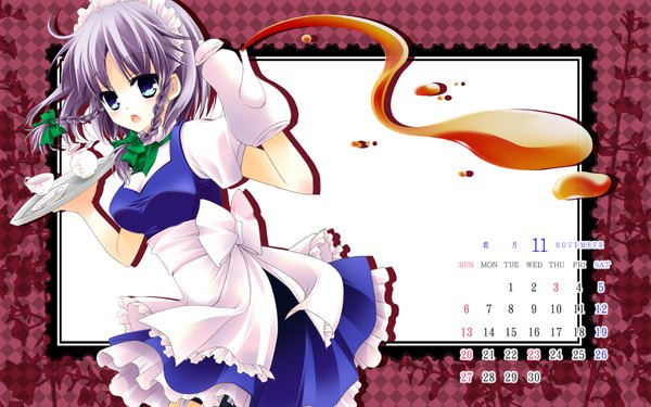 Anime picture 1920x1200 with touhou izayoi sakuya rinka (ri ko) single blush highres short hair open mouth blue eyes wide image silver hair maid girl headdress maid headdress apron cup tray teapot calendar