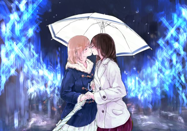 Anime picture 1419x1000 with original syou blush short hair blonde hair brown hair multiple girls eyes closed holding hands blue background shoujo ai almost kiss closed umbrella girl skirt 2 girls umbrella coat