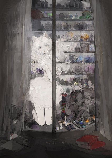 Anime picture 709x1000 with original nekosuke (jet) long hair tall image looking at viewer animal ears white hair eyes closed barefoot cat ears bare legs grey eyes bunny ears no shoes kneeling white skin girl dress animal white dress