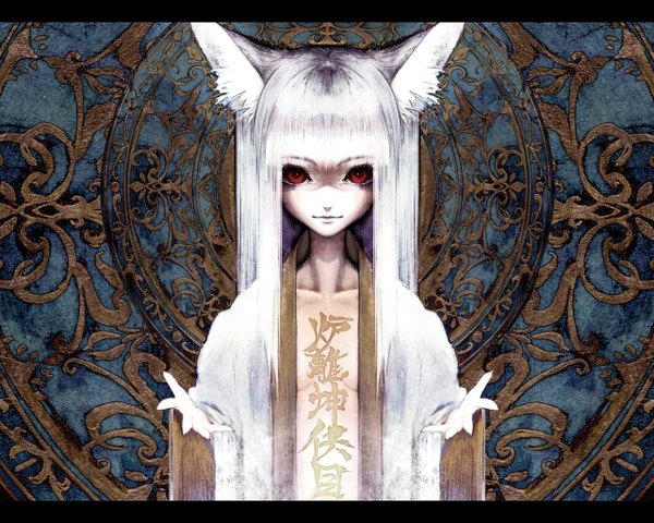 Anime picture 1280x1024 with original banpai akira single long hair red eyes animal ears white hair japanese clothes cat ears open clothes cat girl loli tattoo girl kimono