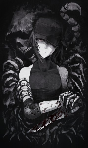 Anime picture 637x1068 with original helevu hetza (hellshock) single tall image looking at viewer black hair purple eyes bare shoulders holding head tilt tattoo sleeveless monochrome skeleton bloody weapon girl gloves weapon fingerless gloves