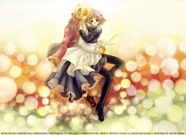 Anime picture 1440x1050 with howl's moving castle studio ghibli howl sophie hatter short hair blonde hair brown eyes grey hair couple hug clothes on shoulders weightlessness carrying girl boy apron