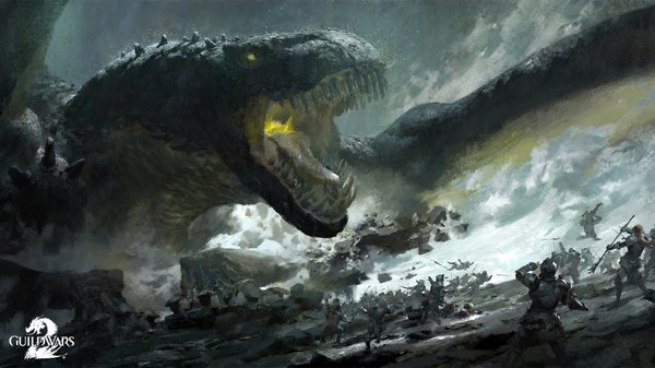 Anime picture 1920x1080 with guild wars 2 highres open mouth wide image teeth wallpaper sharp teeth screaming logo army weapon armor dragon spear