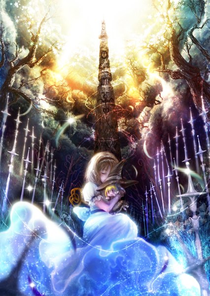 Anime picture 1403x1976 with touhou kirisame marisa alice margatroid inuboe tall image short hair blonde hair multiple girls cloud (clouds) eyes closed girl dress 2 girls plant (plants) tree (trees) hairband star (stars) witch hat sun tower
