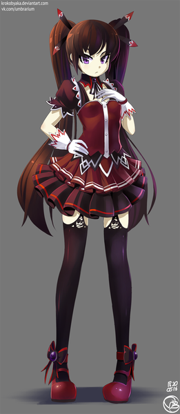 Anime picture 522x1200 with original krokobyaka single long hair tall image looking at viewer simple background brown hair standing purple eyes twintails signed full body grey background puffy sleeves hand on hip hand on chest lolita fashion goth-loli girl