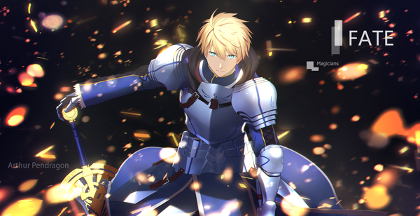 Anime picture 1971x1013 with fate (series) fate/prototype arthur pendragon (fate) magicians (zhkahogigzkh) single looking at viewer highres short hair blue eyes blonde hair wide image signed from above wallpaper copyright name character names serious boy weapon sword