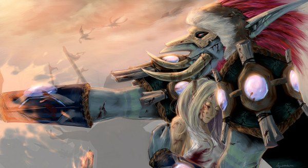 Anime picture 1280x699 with world of warcraft blizzard entertainment long hair red eyes wide image sky white hair red hair pointy ears teeth fang (fangs) elf tusks troll girl armor blood mask dragon monster