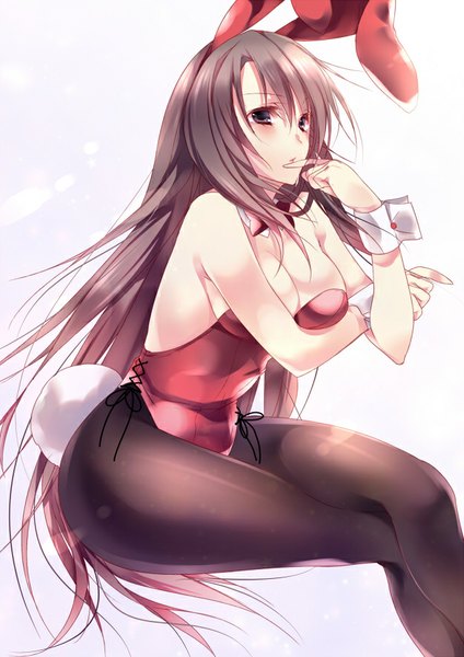 Anime picture 626x885 with original amane ruri single long hair tall image blush breasts light erotic black hair purple eyes bare shoulders animal ears tail animal tail bunny ears finger to mouth bunny girl bunny tail girl pantyhose