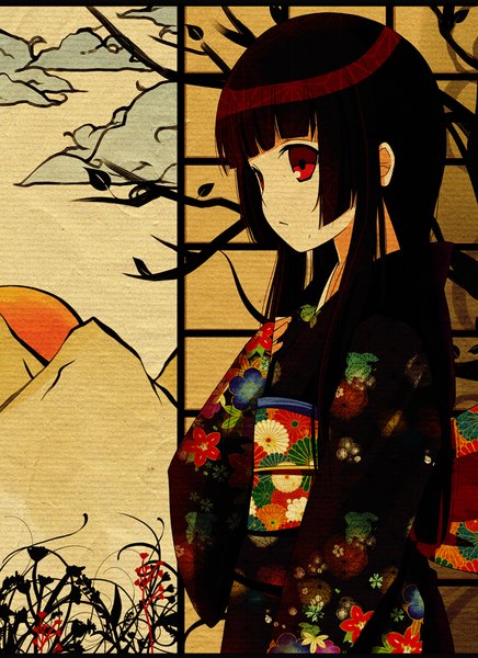 Anime picture 655x900 with hell girl studio deen enma ai hitsukuya single long hair tall image black hair red eyes traditional clothes japanese clothes floral print sad girl kimono obi