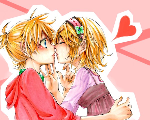Anime picture 2000x1600 with vocaloid kagamine rin kagamine len kuronyanko blush highres short hair blue eyes blonde hair eyes closed nail polish profile couple hug face to face twins almost kiss incest twincest girl