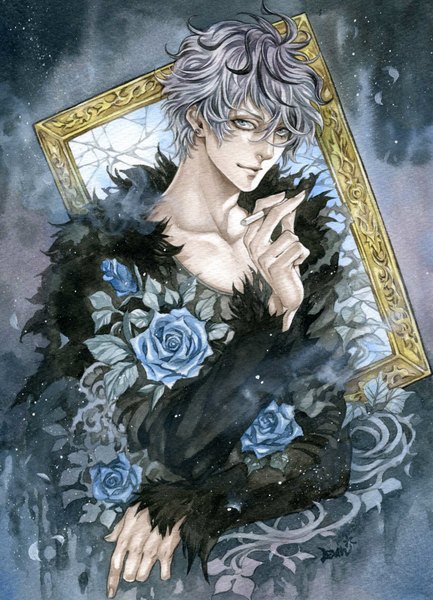 Anime picture 1297x1798 with ib (game) garry (ib) levin (artist) single tall image looking at viewer short hair blue eyes black hair signed multicolored hair grey hair two-tone hair streaked hair framed traditional media watercolor (medium) broken glass boy flower (flowers)