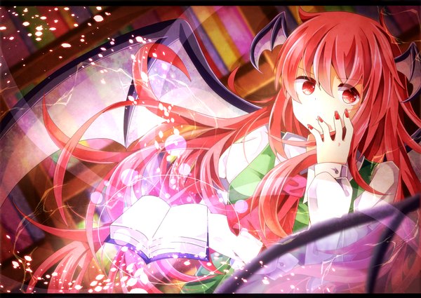 Anime picture 1111x787 with touhou koakuma sanasanayukikuni single long hair looking at viewer red eyes red hair head wings girl dress wings book (books)