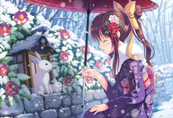 Anime picture 3304x2253 with original tonchan single long hair blush fringe highres brown hair payot absurdres ponytail eyes closed traditional clothes japanese clothes profile blurry hair bun (hair buns) depth of field snowing winter