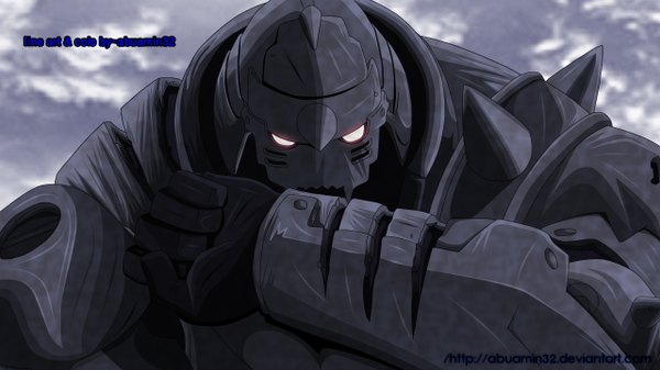 Anime picture 1280x720 with fullmetal alchemist fullmetal alchemist brotherhood studio bones alphonse elric abuamin32 single wide image orange eyes coloring glowing glowing eye (eyes) armor helmet thorns