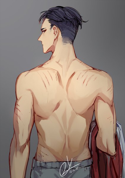 Anime picture 800x1135 with yuri!!! on ice mappa otabek altin 2y single tall image looking at viewer short hair black hair simple background signed upper body looking back from behind black eyes grey background back dated topless boy