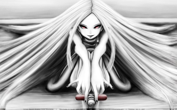 Anime picture 2560x1600 with eureka seven studio bones anemone luches single looking at viewer highres smile red eyes sitting bare shoulders signed payot very long hair wallpaper copyright name dated monochrome spot color pinky out