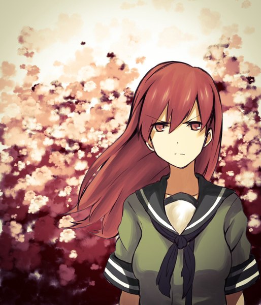Anime picture 1754x2048 with kantai collection ooi light cruiser single long hair tall image looking at viewer highres red eyes red hair serious girl uniform flower (flowers) plant (plants) school uniform tree (trees)