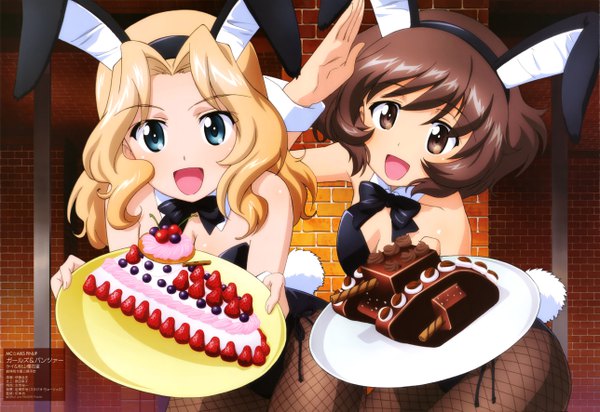 Anime picture 5145x3541 with girls und panzer mc axis akiyama yukari kay (girls und panzer) itou takeshi long hair highres short hair open mouth blue eyes light erotic blonde hair brown hair multiple girls brown eyes animal ears absurdres tail :d animal tail