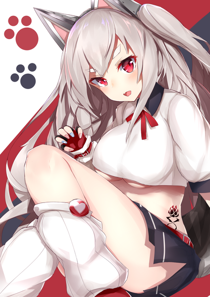 Anime picture 1800x2545 with azur lane yuudachi (azur lane) nanakaku single long hair tall image looking at viewer blush highres breasts open mouth light erotic red eyes large breasts sitting animal ears tail braid (braids) nail polish animal tail