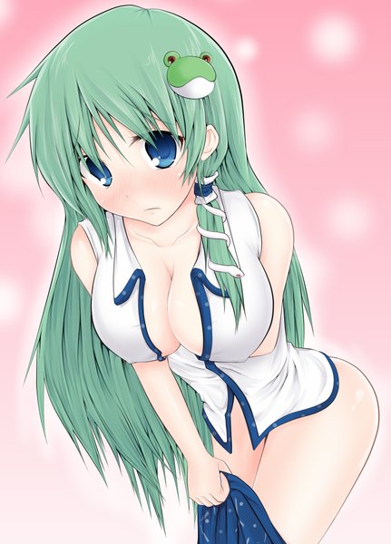 Anime picture 1588x2212 with touhou kochiya sanae ebi senbei (artist) single long hair tall image looking at viewer blush breasts blue eyes light erotic large breasts bare shoulders green hair girl hair ornament hair tubes snake