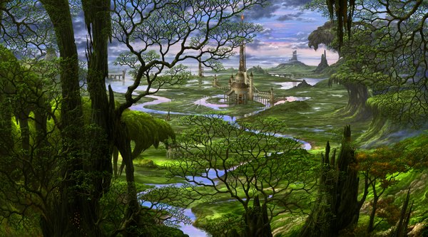 Anime picture 1620x900 with ucchiey wide image sky landscape plant (plants) tree (trees) water building (buildings)