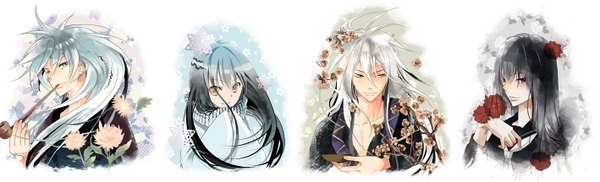 Anime picture 1417x432 with nurarihyon no mago nura rikuo yuki onna (nurarihyon no mago) nurarihyon oikawa tsurara hash (artist) long hair black hair simple background smile wide image white background multiple girls yellow eyes silver hair white hair japanese clothes light smile multiple boys winter