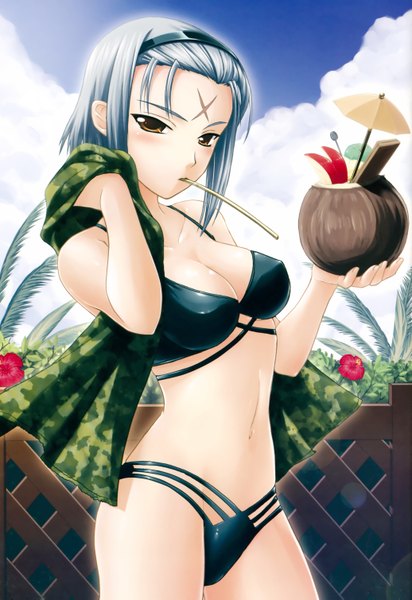 Anime picture 4143x6033 with kimi ga aruji de shitsuji ga ore de kuki ageha tall image highres short hair light erotic yellow eyes absurdres scar flower (flowers) swimsuit hairband hibiscus