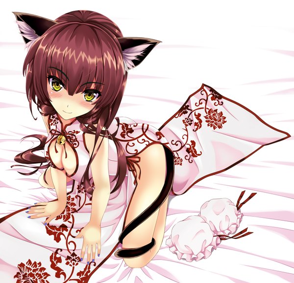 Anime picture 2000x1926 with original kitou kaitai single long hair looking at viewer blush fringe highres breasts light erotic smile brown hair standing twintails bare shoulders animal ears yellow eyes tail nail polish traditional clothes