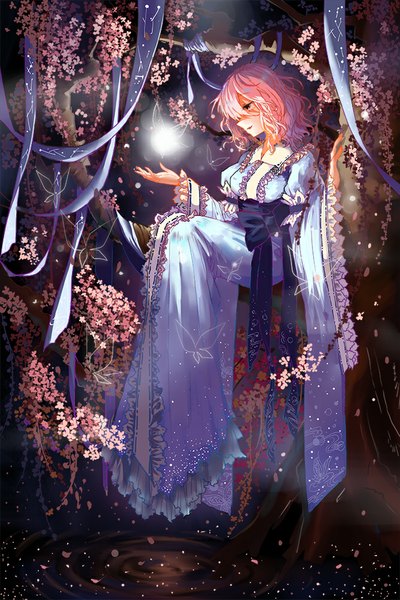 Anime picture 667x1000 with touhou saigyouji yuyuko guaili luanshen single tall image short hair sitting pink hair traditional clothes japanese clothes wide sleeves orange eyes cherry blossoms light tree sitting girl flower (flowers) ribbon (ribbons) plant (plants) tree (trees)